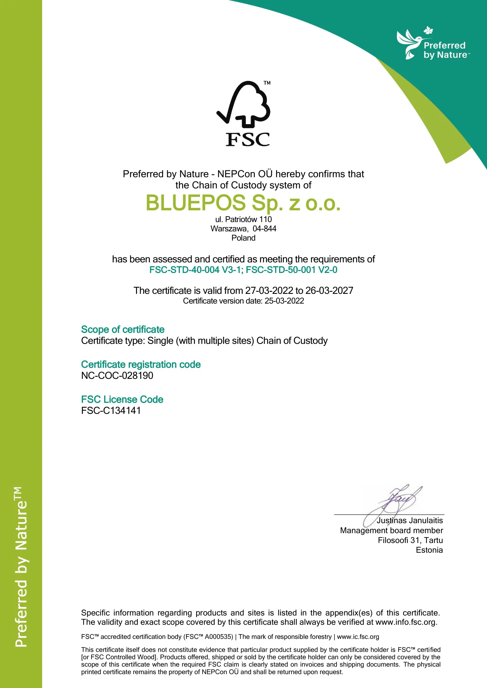 BLUEPOS Sp. z o.o. FSC COC Certificate 25.3.2022-1